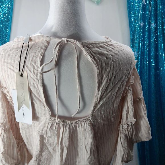 NWT Chelsea & Theodore Women SZ XS Taupe Striped Blouse Flutter Sleeves $68 MSRP - Picture 10 of 13